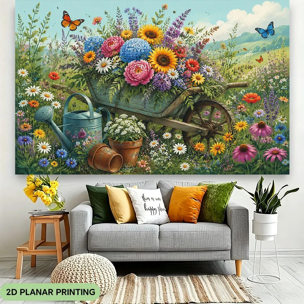 Vintage Flower Wheelbarrow Tapestry Cottagecore Garden Wall Hanging Colorful Bouquet Art Rustic Farmhouse Decor Spring Botanical