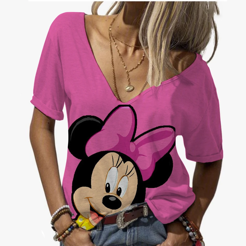 

Summer Women's T-Shirt Casual Fashion V Neck Pullover Short Sleeve Disney Mickey Mouse Minnie print Loose Daily Tops Design Tops