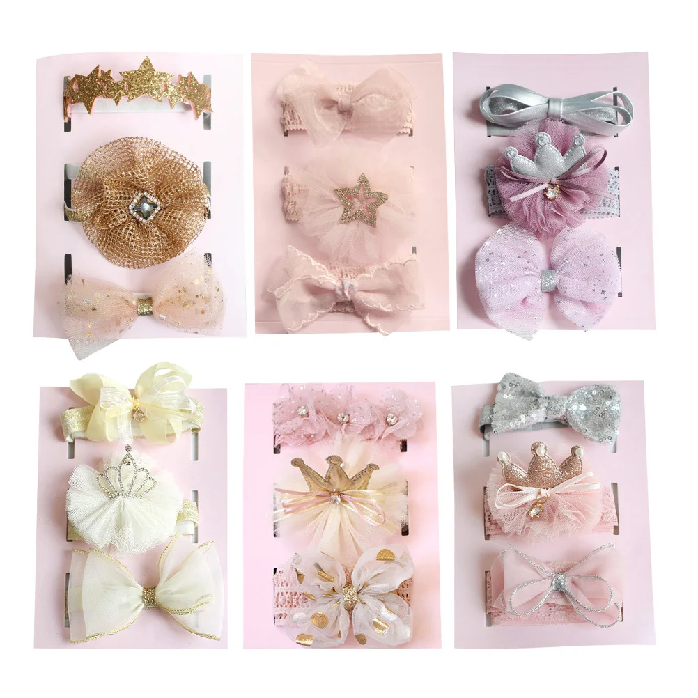 

Набор из 3 мягких повязок для волос для младенцев: бантики, короны, повязки-ободки для новорожденных и малышей