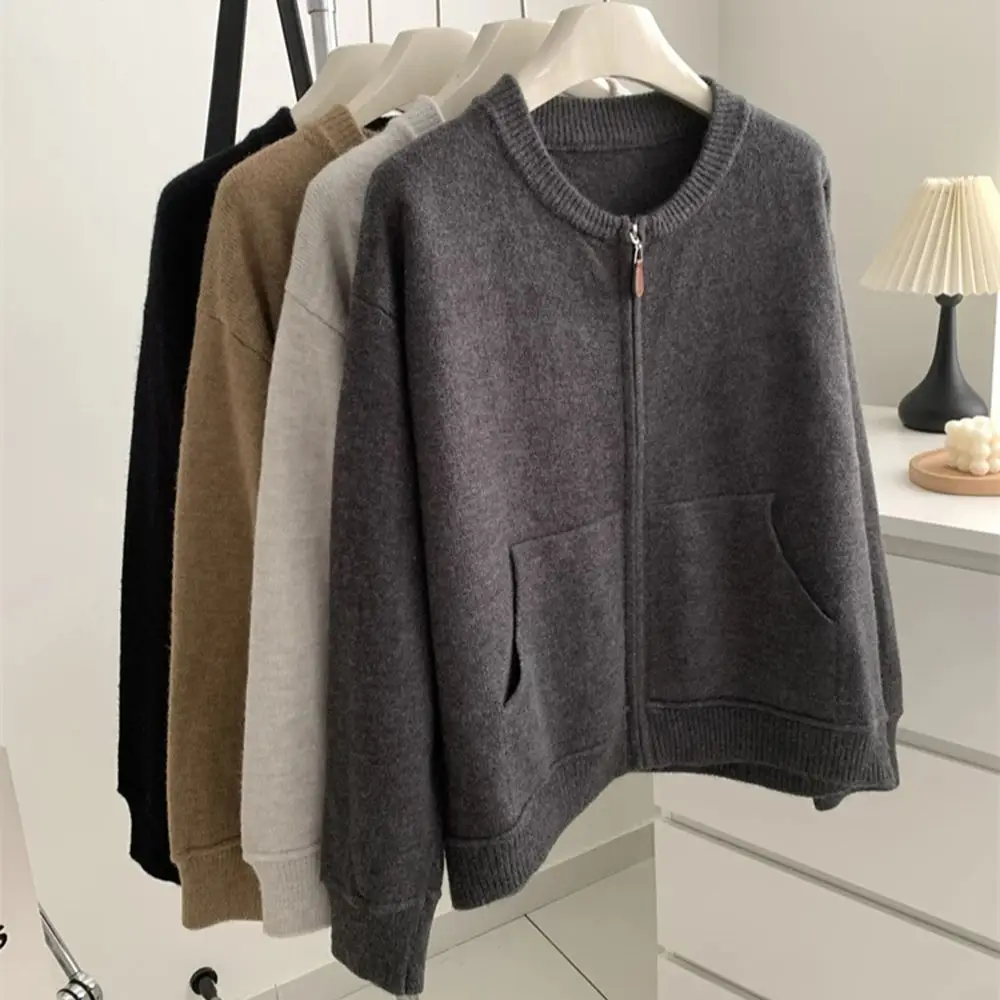 

Zip Up Cardigan Sweater Women's Thick Solid Color Round Neck Knitted Coat Autumn Winter Elegant Casual Loose Fit Office Outwear