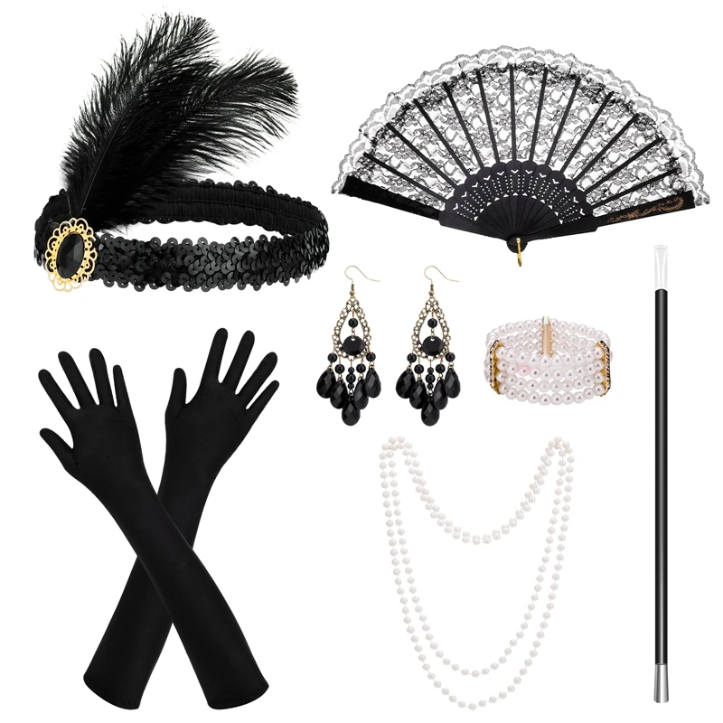 1920s Theme Set with Sequin Fringe Dress Headband Gloves Necklace Role Playing Suit Vintage Flapper Headpieces Party Cosplay