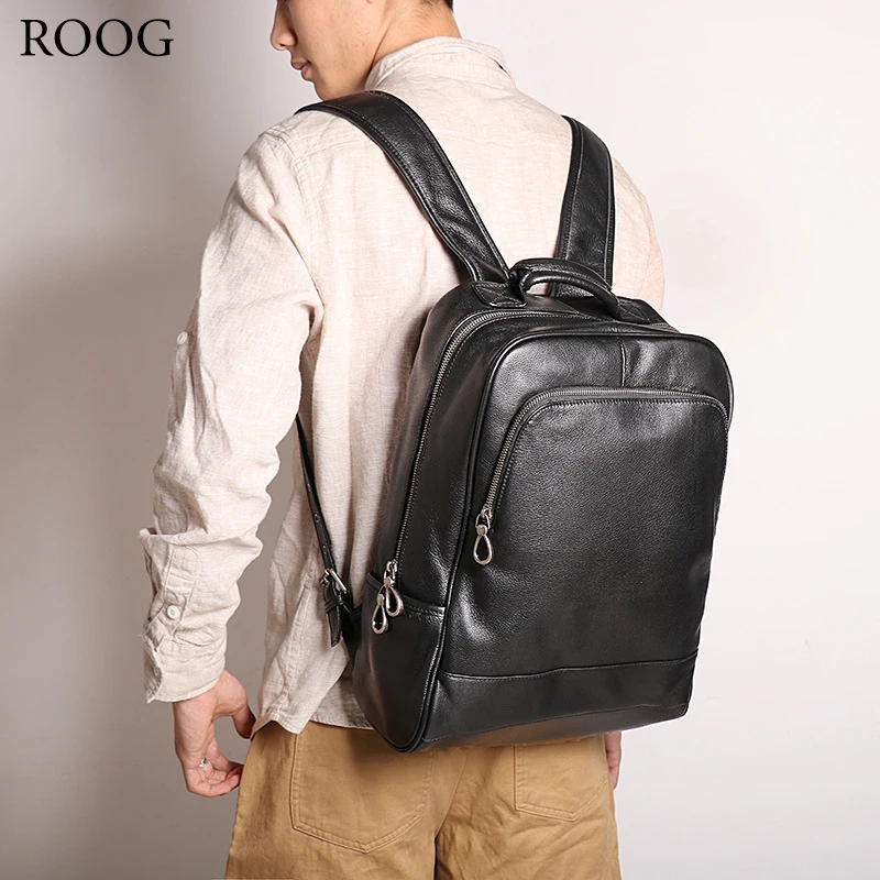 ROOG Classic Vintage Black Leather Backpack With A Spacious Design, Easily Fits A Laptop, Books, And Personal Items.