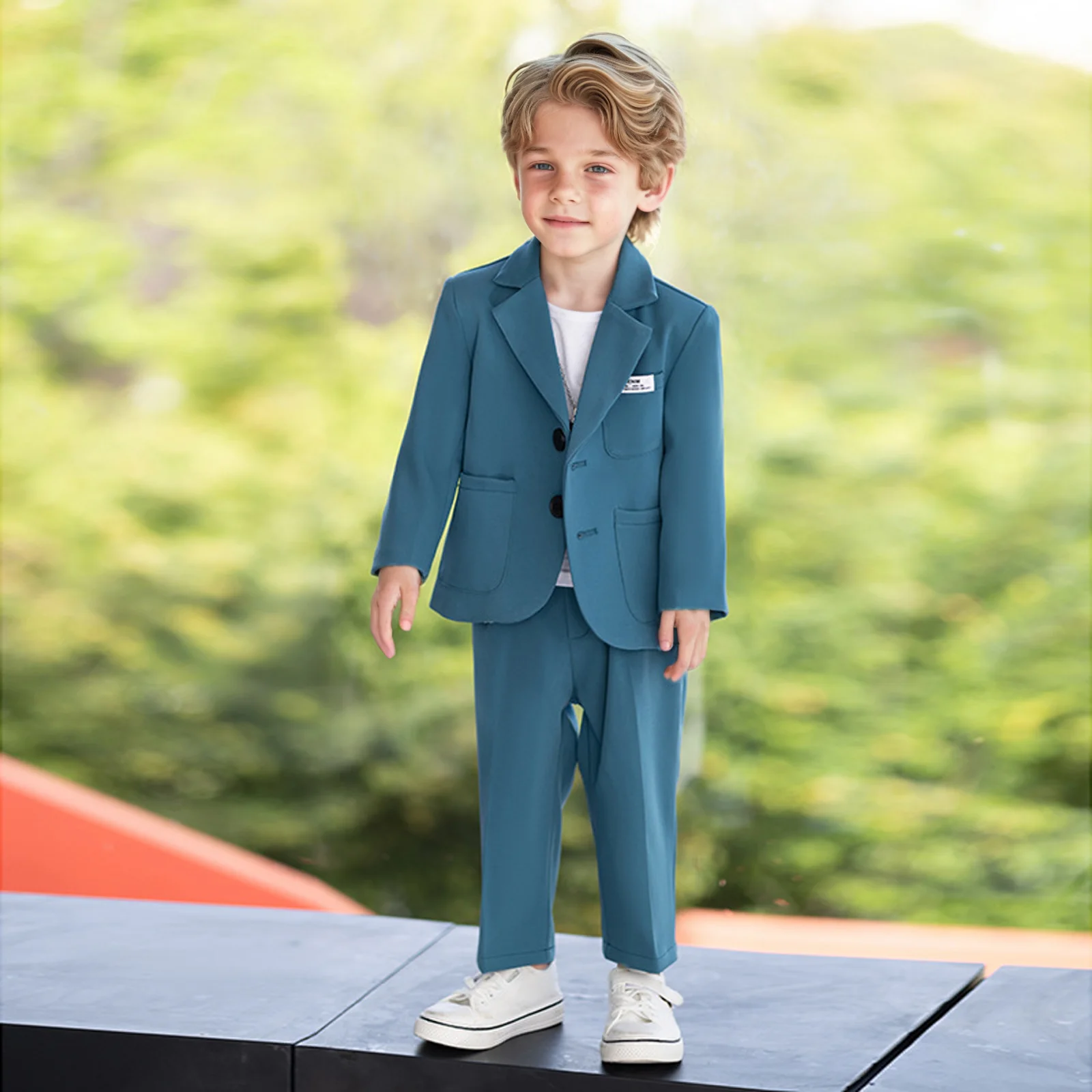 

Детский чистый синий повседневный костюм, комплект из 3 предметов, свадебное платье с цветочным узором для мальчиков, куртка, брюки, ожерелье, детский костюм для выступлений на фортепиано