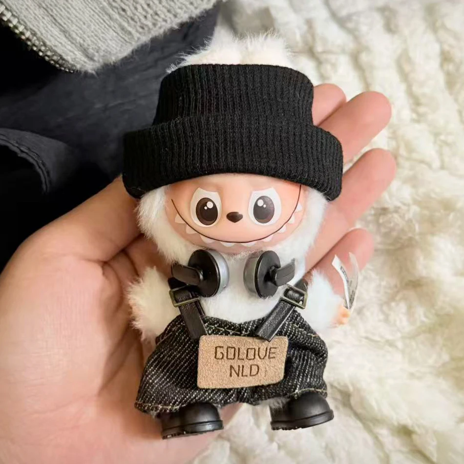 Per Mini Labubu Pin For Love Salopette con bavaglino nero Fascia per capelli V4 Accessori per bambole Bambola di peluche Portachiavi per esterni Vestito adorabile Regali giocattolo