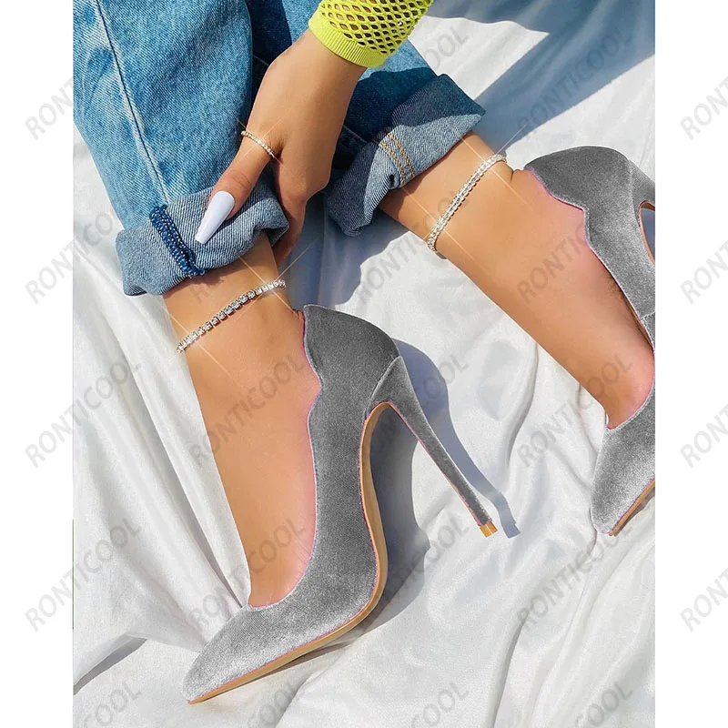 Ronticool sepatu pump hak Stiletto wanita, sepatu pesta Suede ukuran Plus untuk wanita, sepatu ujung lancip merah muda ungu cantik Musim Semi