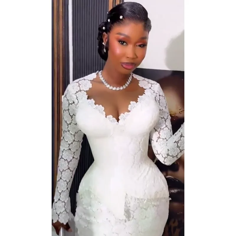 Customized 2026 New African Mermaid Wedding Dress White Decal Lace V-neck Long Sleeve Mermaid Vestdos De Novia