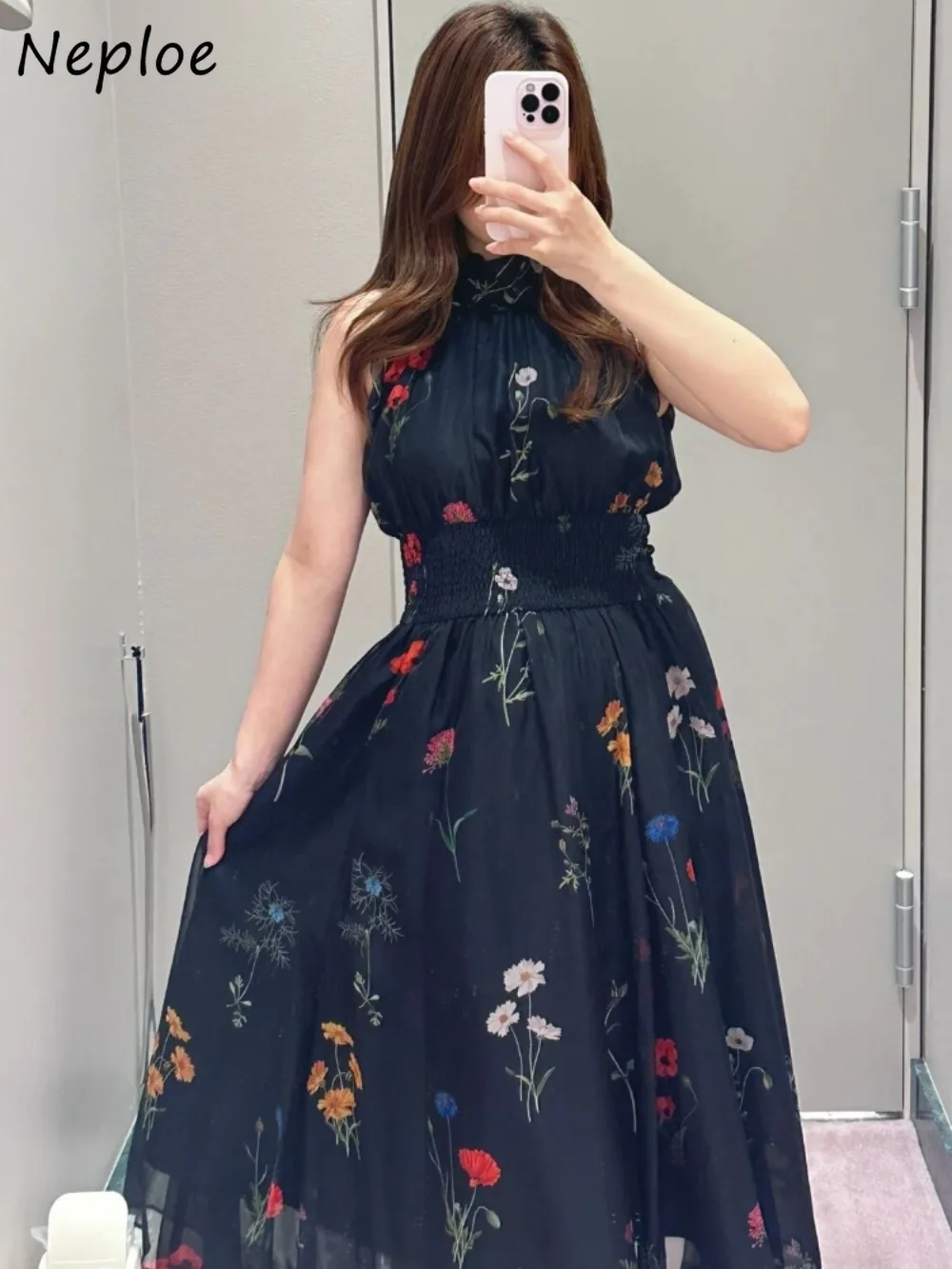 

Neploe New Ruffles Halter Flying Sleeve Vestidos Print Lace Up Ball Gown Princess Sweet Robe Japan Slim Waist Elegant Dress