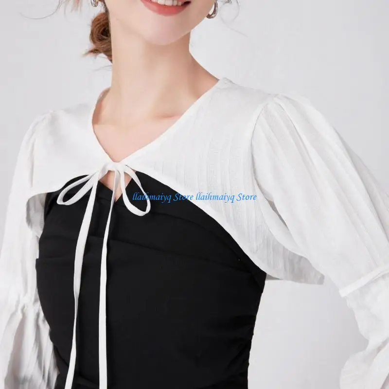 573B طوق مزخرف بأكمام طويلة من القماش نصف قميص مزين بياقة مدورة وياقة نصف قميص للإناث #4