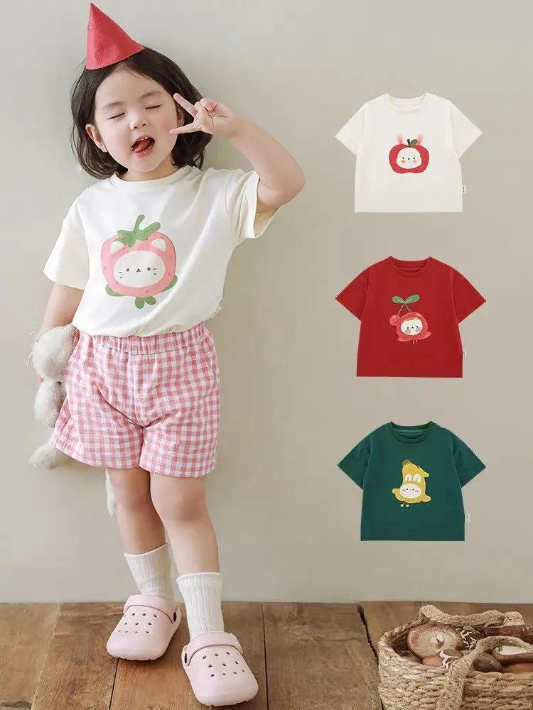 Girls Fruit Animals Print TShirt Summer Clothing Thin Soft Short Sleeve Tops Boys Toddler New Casual Solid Color Versatile Tees