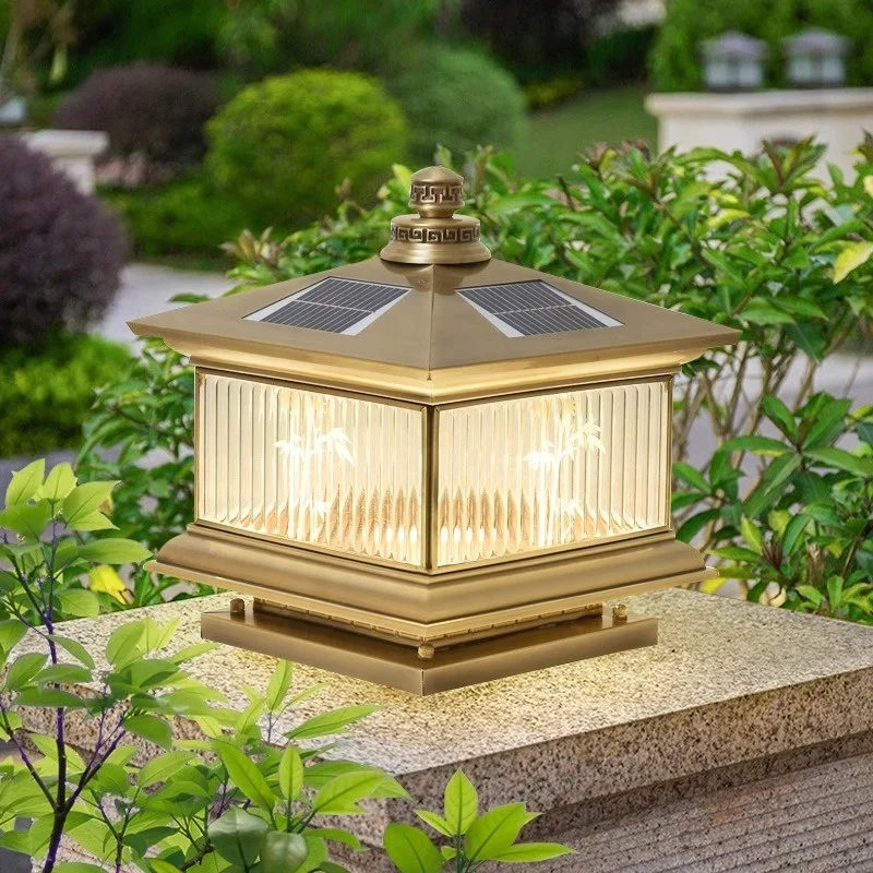 All Copper Outdoor LED Solar Waterproof Pillar Lamp for Courtyard Villa Non-Punch Gate Electric Fence Best Solar Garden Lights