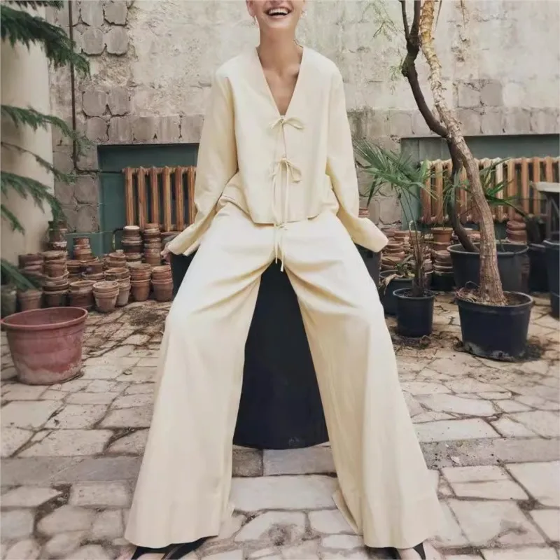 

Women's Solid Color Fashion Lazy Two-Piece Set Spring Autumn Casual Tie Cardigan + Wide-Leg Pants Outfit