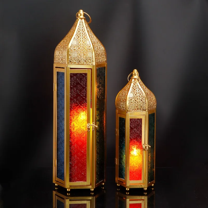Set of 2 Moroccan Gold Candle Lanterns 22.5'' 15'' H Embossed Glass Metal & Glass Christmas Decoration Hanging Candle Holders