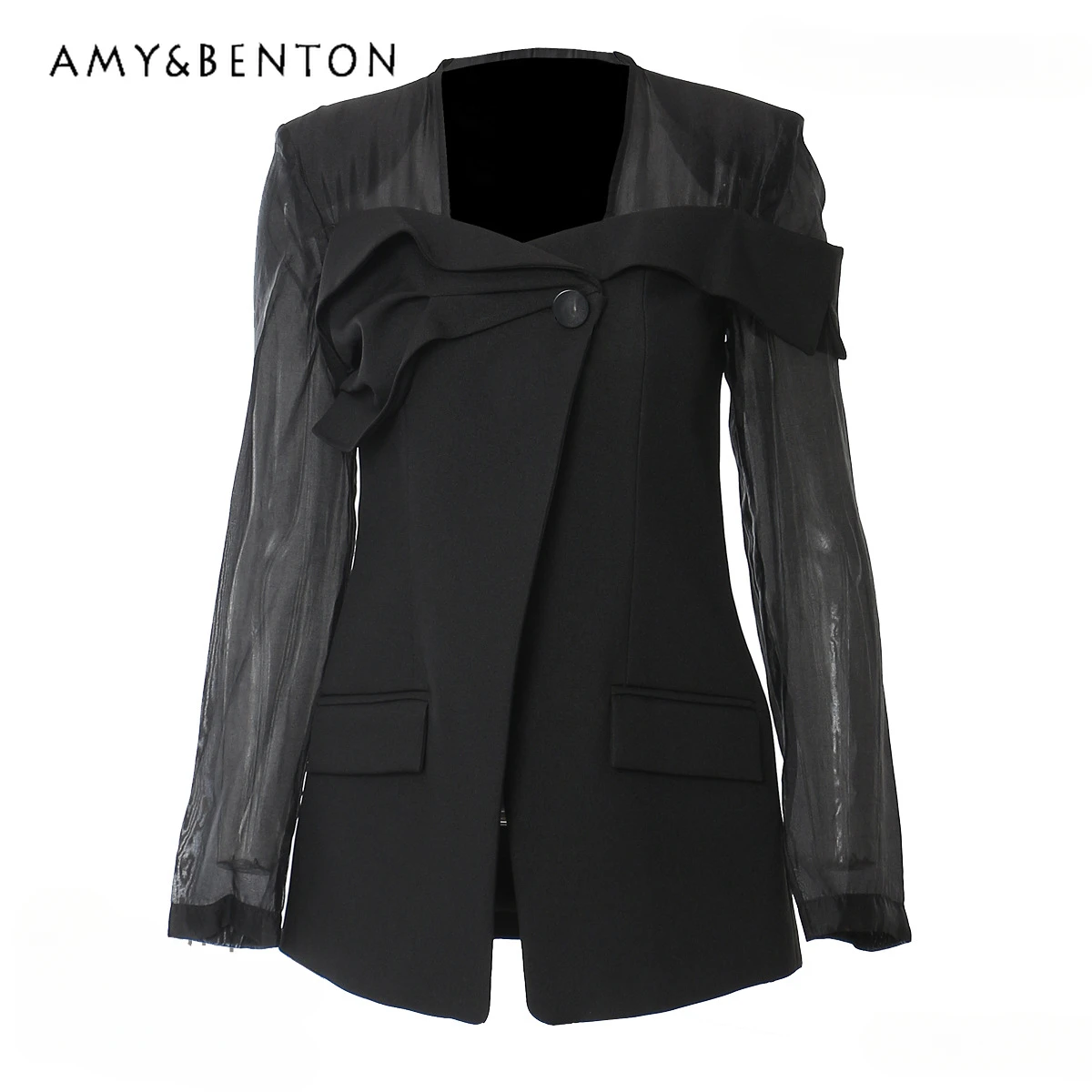 

Spring New Fashion Temperament Mesh Stitching OL Suit Jackets for Women Personality Street Irregular Slim Jackets Retro Ins Coat