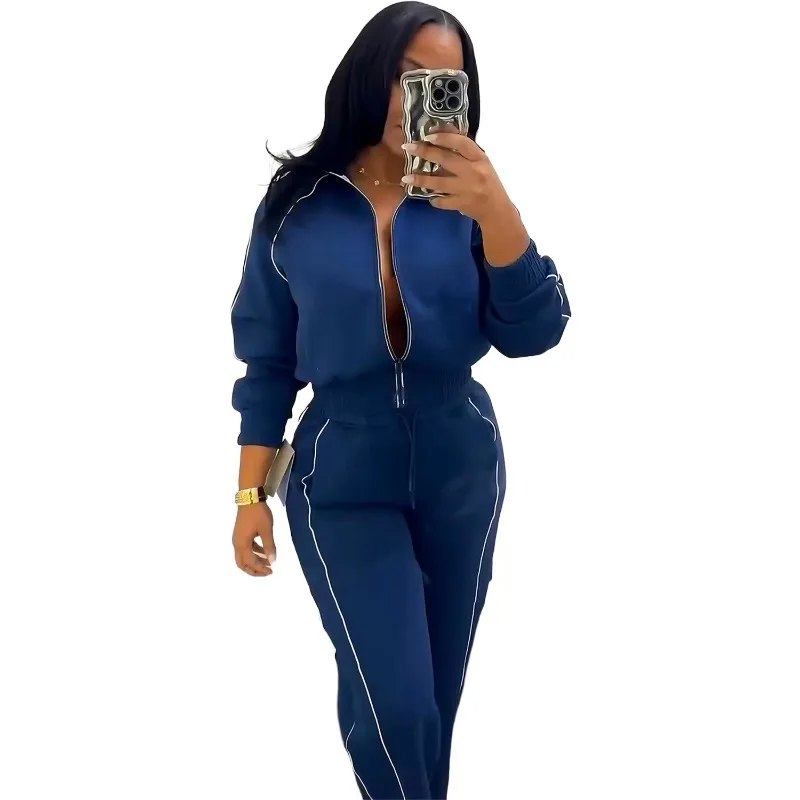 Trim Patchwork Casual 2 Piece Set Women Turn Down Collar Full Sleeve Zipper Jackets Tops + Loose Straight Fashion Tracksuits