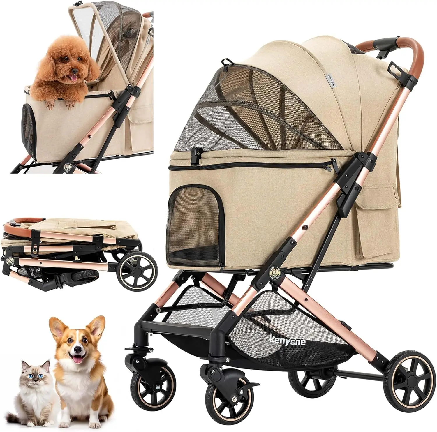 Kinderwagen Voor Kleine Tot Middelgrote Honden Duurzame Kattenwandelwagen Met Lichtgewicht Aluminium Frame, Één Klik Opvouwen, Geen Rits En