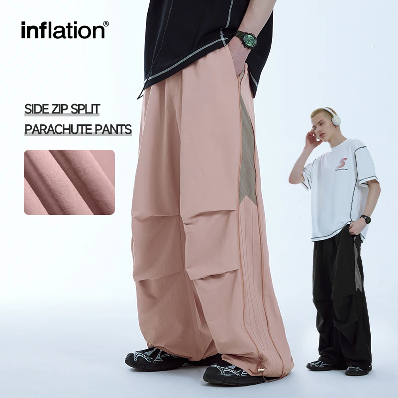 

INFLATION Side Zipper Wide-leg Parachute Pants Mens Street Style Cargo Trousers