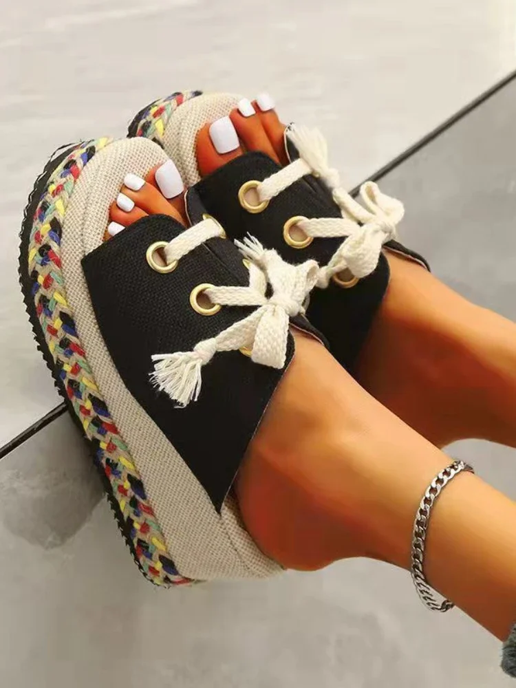 New Summer Women Shoes Lace Up Height Increase Wedge Slippers Woman Plus Size Open Toe Straw Platform Sandals Zapatillas Mujer