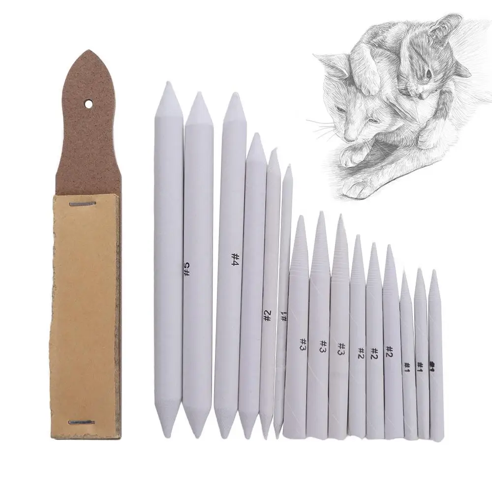 16pcs Solid Blending Stump and Tortillion Set Durable Exquisite Paper Art Blenders with Sandpaper Pencil Sharpener Convenient
