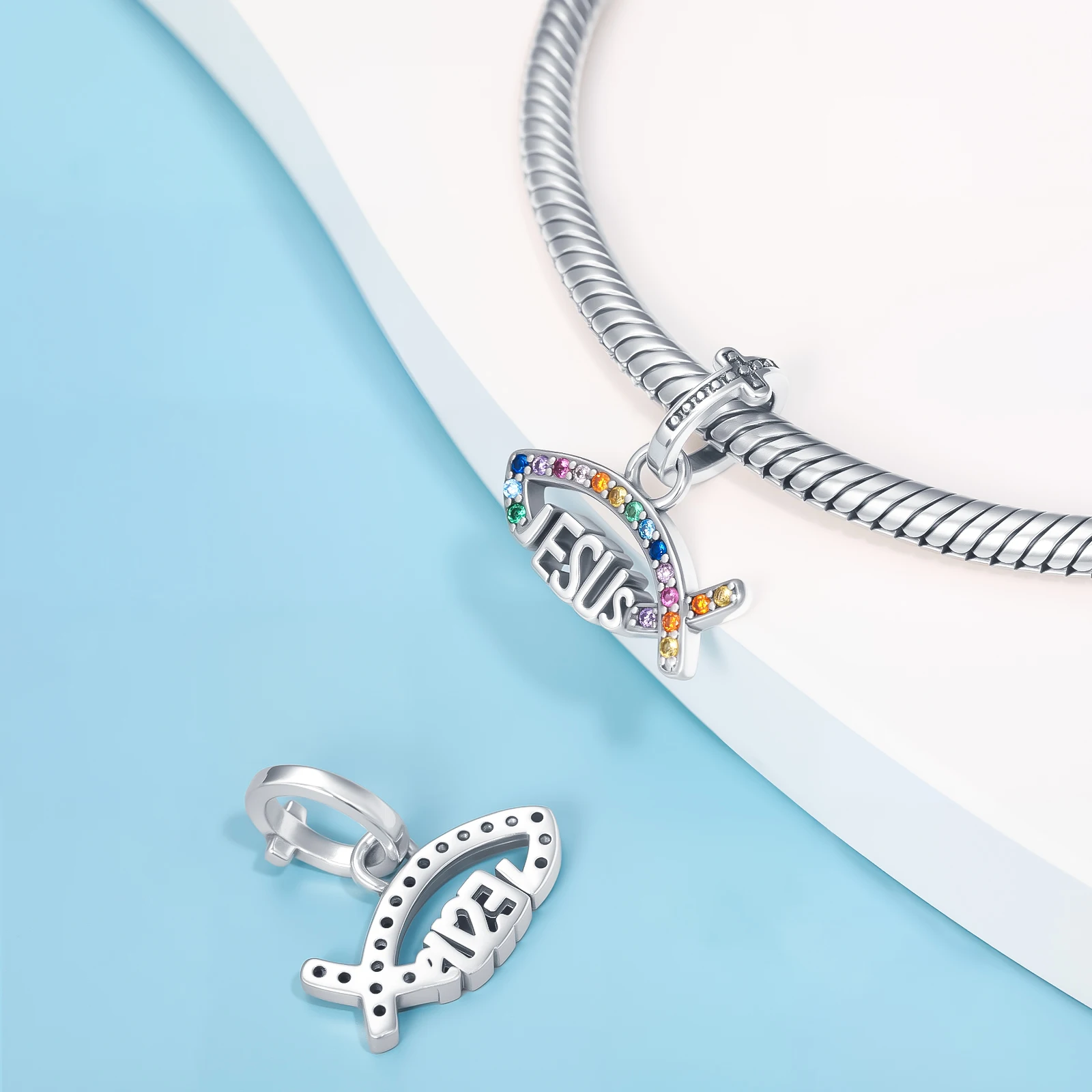 925 Sterling Silver Rainbow CZ Jesus Fish Dangle Charm Christian Ichthys Faith Cross Pendant Fit Diy Bracelets Jewelry Gift