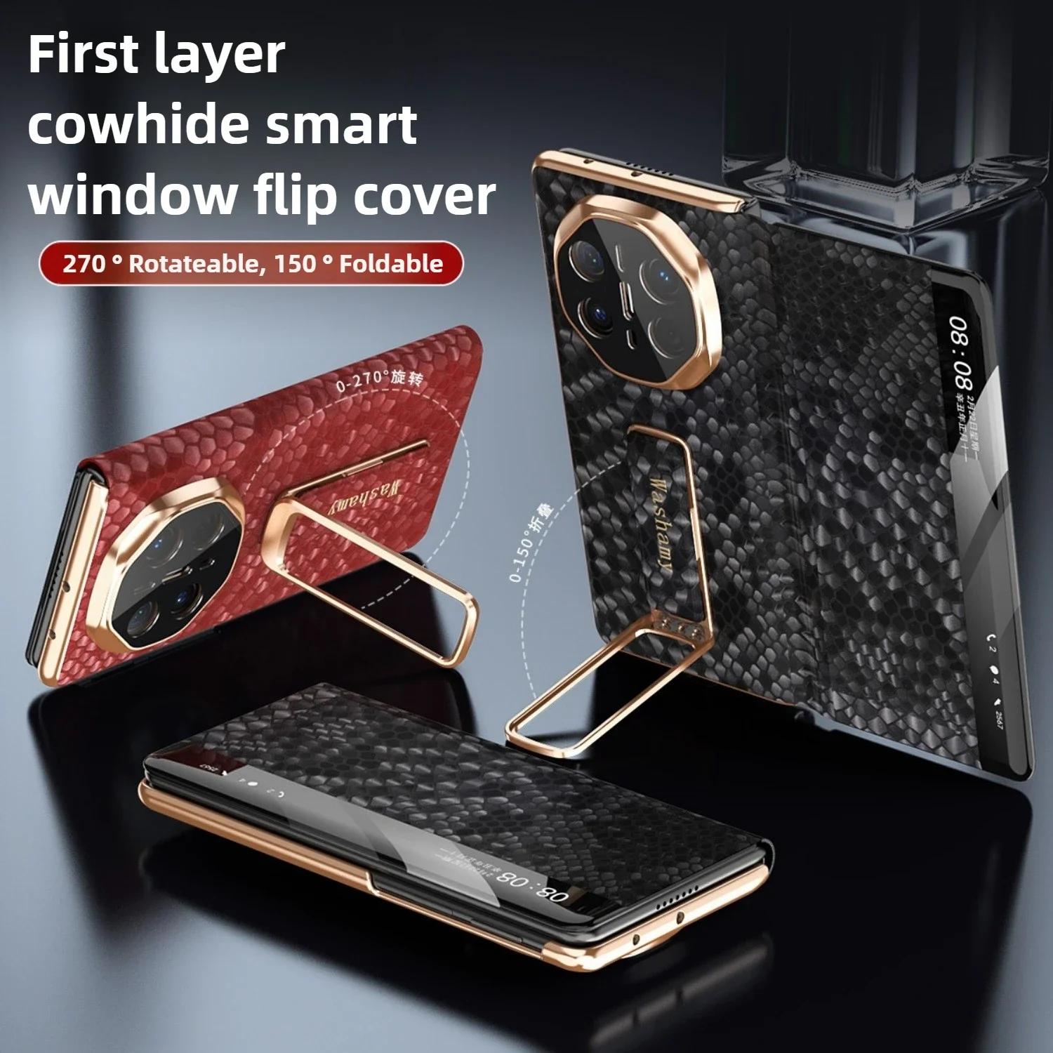 

Case for Huawei Mate X6 X5 X3 Smart Window Flip Cowhide Dragon Scale Texture Leather Cover Alloy Magnetic Rotary Bracket Shell