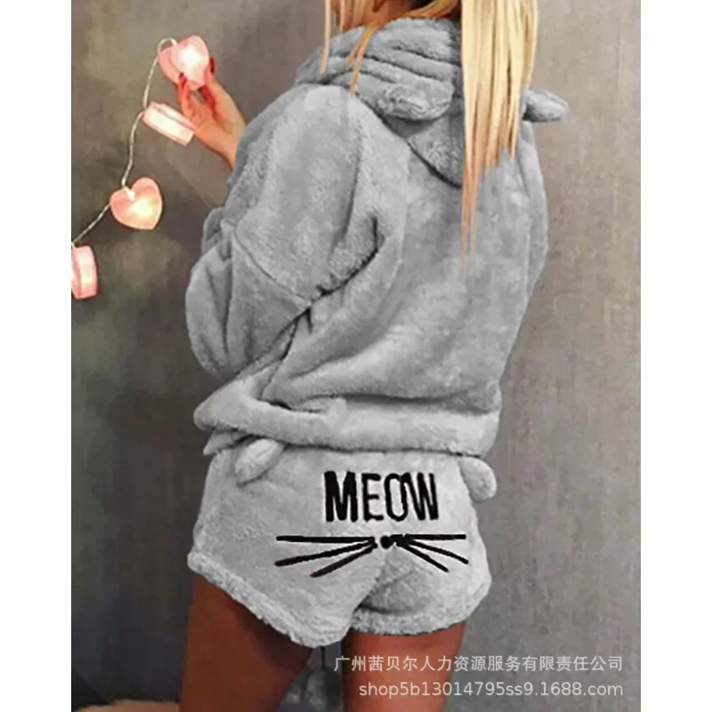 Two-Piece Set Outfits Solid Color Hoodies Autumn Cat Embroidered Pajamas Hooded Casual Suit Pullovers Casual Shorts