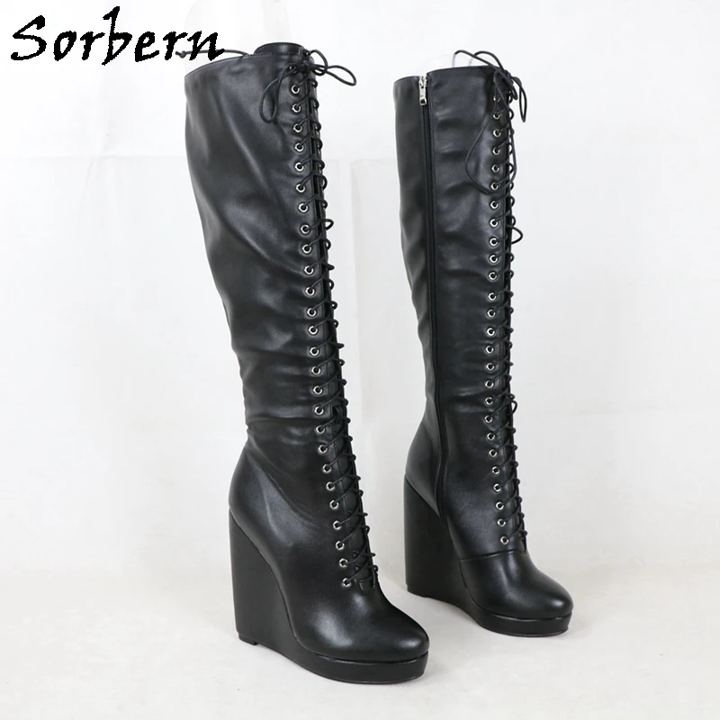 

Sorbern Unisex Style Knee High Boots For Women Wedges Visible Platform Shoes Lace Up Round Toe Custom Wide Or Slim Fit Legs