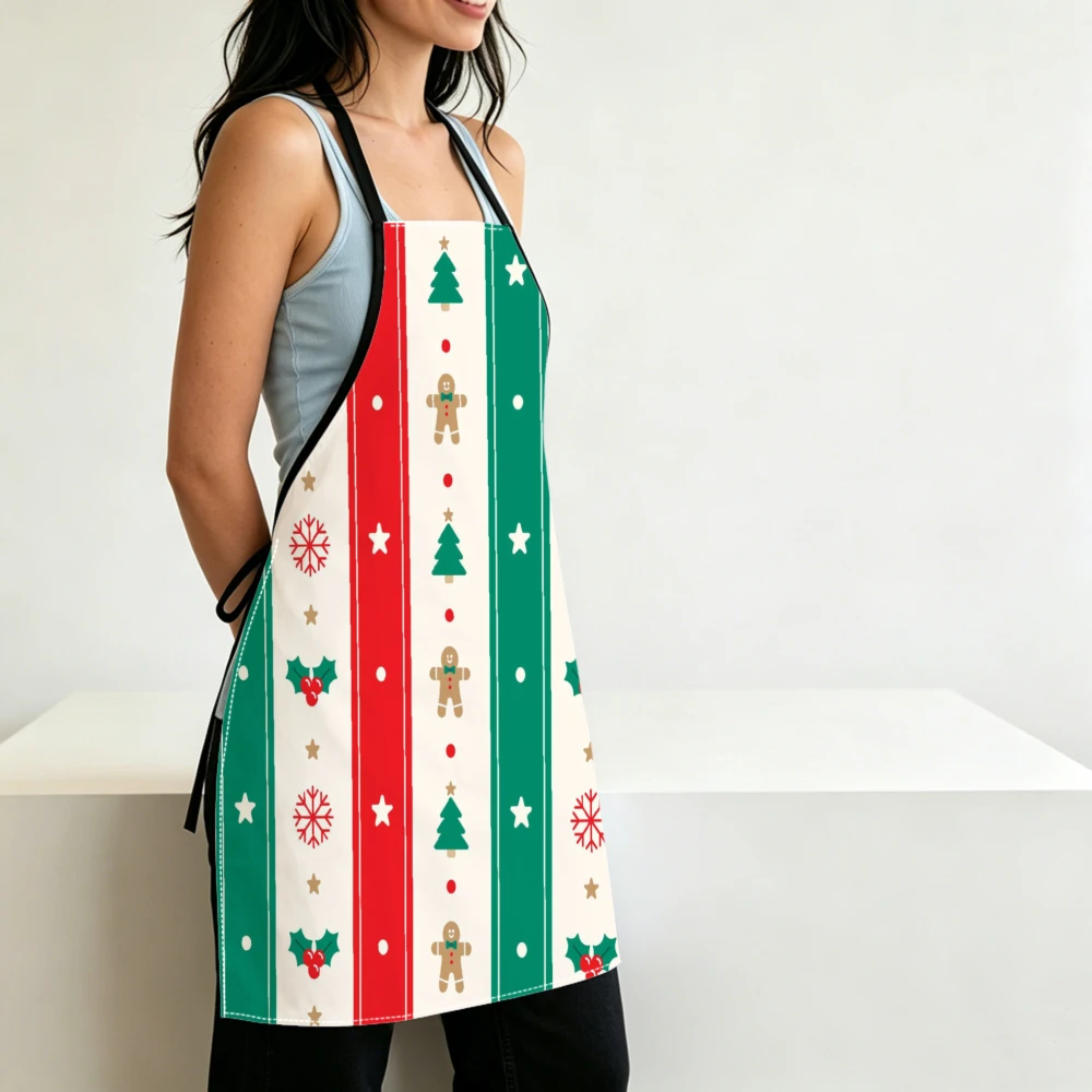 Festive Christmas Striped Apron Gingerbread Tree Snowflake Kitchen Aprons Cooking Baking Holiday Party Decor Adjustable Bibs