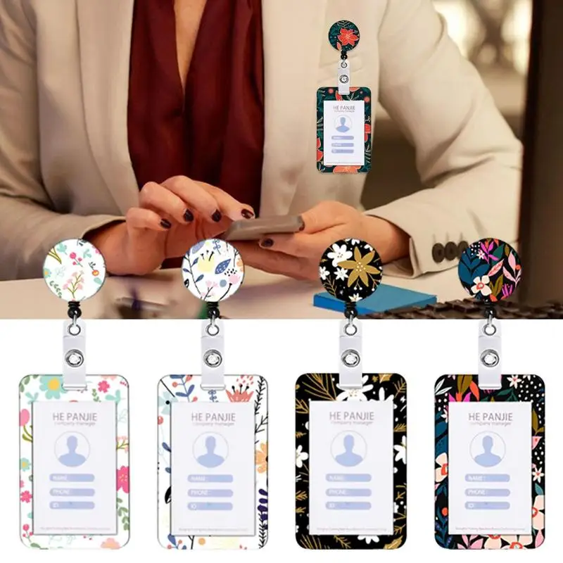 Держатель бейджа со шнурком Держатель для карт с цветочным принтом Защитная сумка с выдвижным зажимом для ремня на катушке Многоцелевая защита бейджа