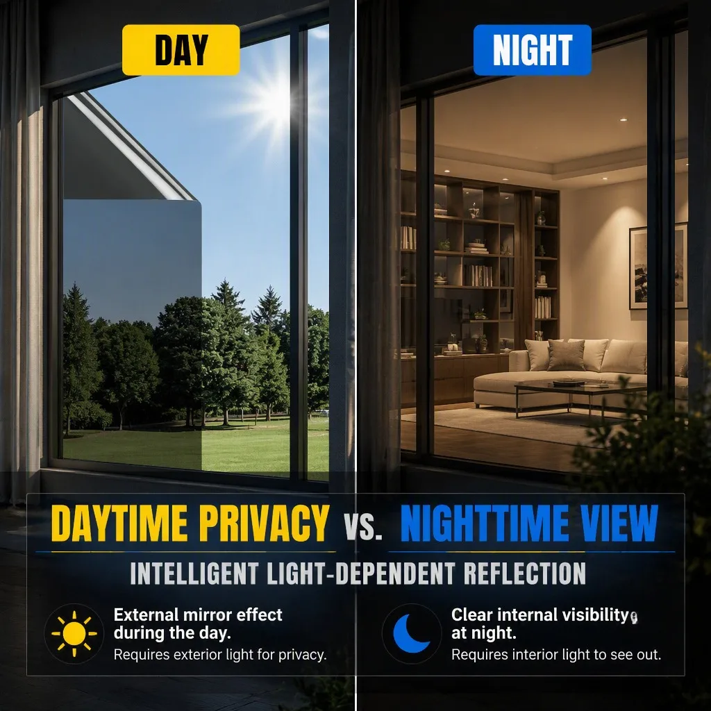 Black One Way Mirror Privacy Window Film Self Adhesive UV Block Heat Control Reflective for Home Office Glass Door