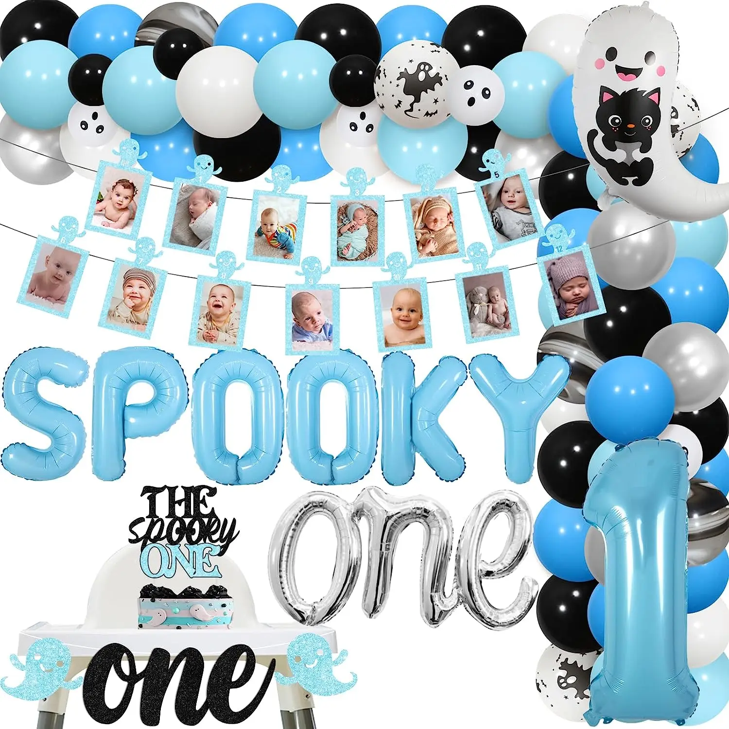 

The Spooky One 1st Birthday Party Decoration, Blue Halloween Balloon Garland, Highchair, Monthly Photo Banner for One Year Old B