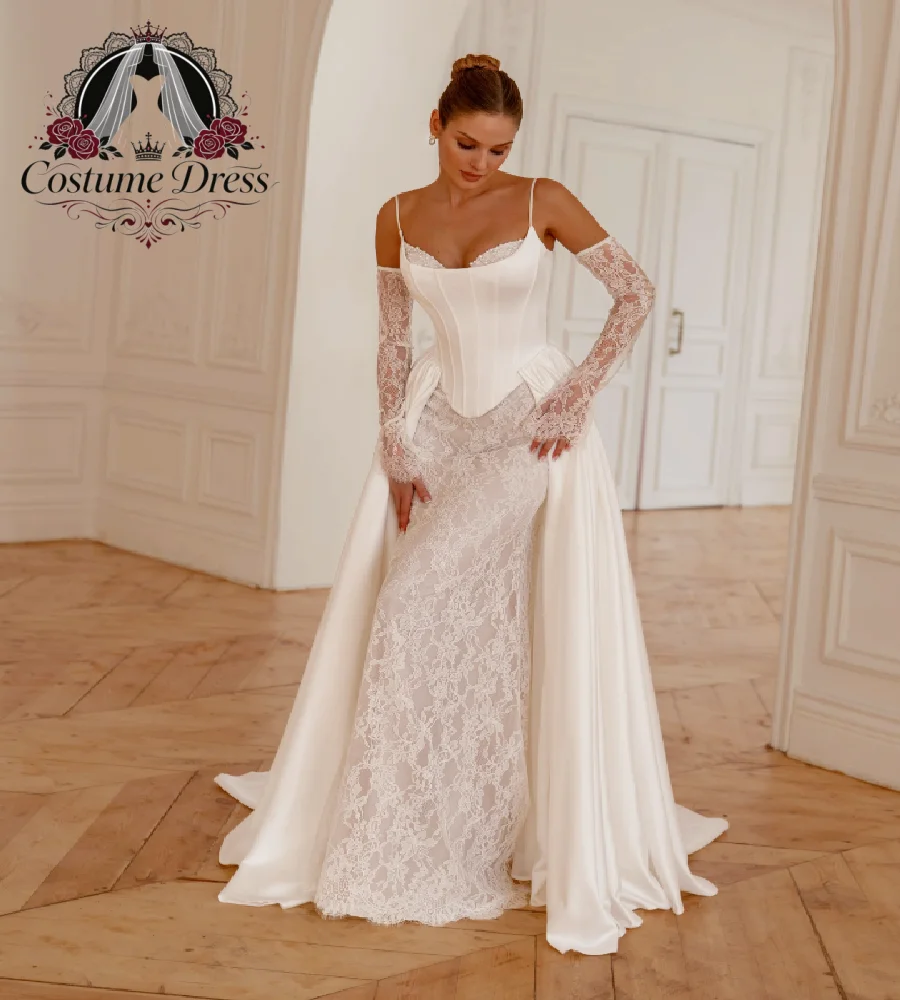 2 in 1 Mermaid Wedding Dress With Detachable Train Elegant Spaghetti Strap Lace Beaded Bohemian Bridal Gowns 2027 Dubai Custom