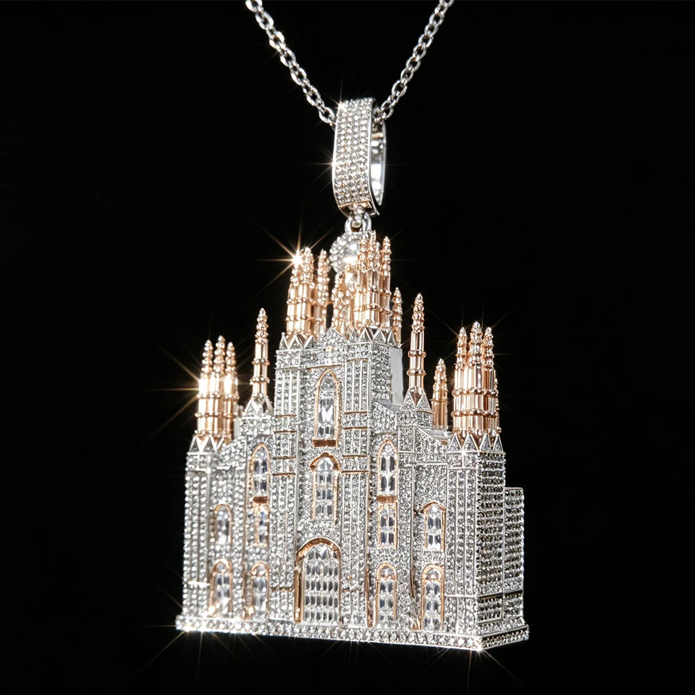 3D Church Shape Luxury Hiphop Diamond Pendant Necklace Party for Women Men Jesus Christ Sparkling Rap Rock Jewelry Gifts for Boy