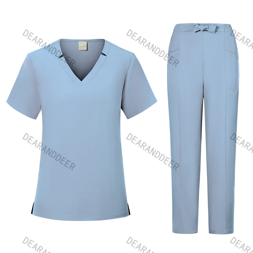 New Nurse Medical Quick-drying Set V-neck Shirt Pocket Waist Pants Beauty Salon Operating Room Doctor's Surgical Work Uniform