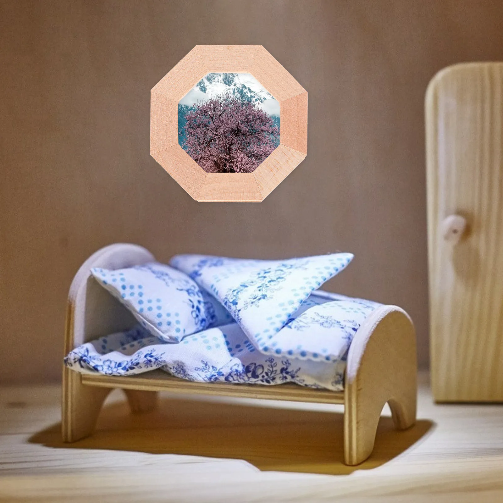 

Miniature Octagonal Unpainted Wood Window Frame Furniture Accessories DIY Decoration Wooden Dollhouse Window Frame