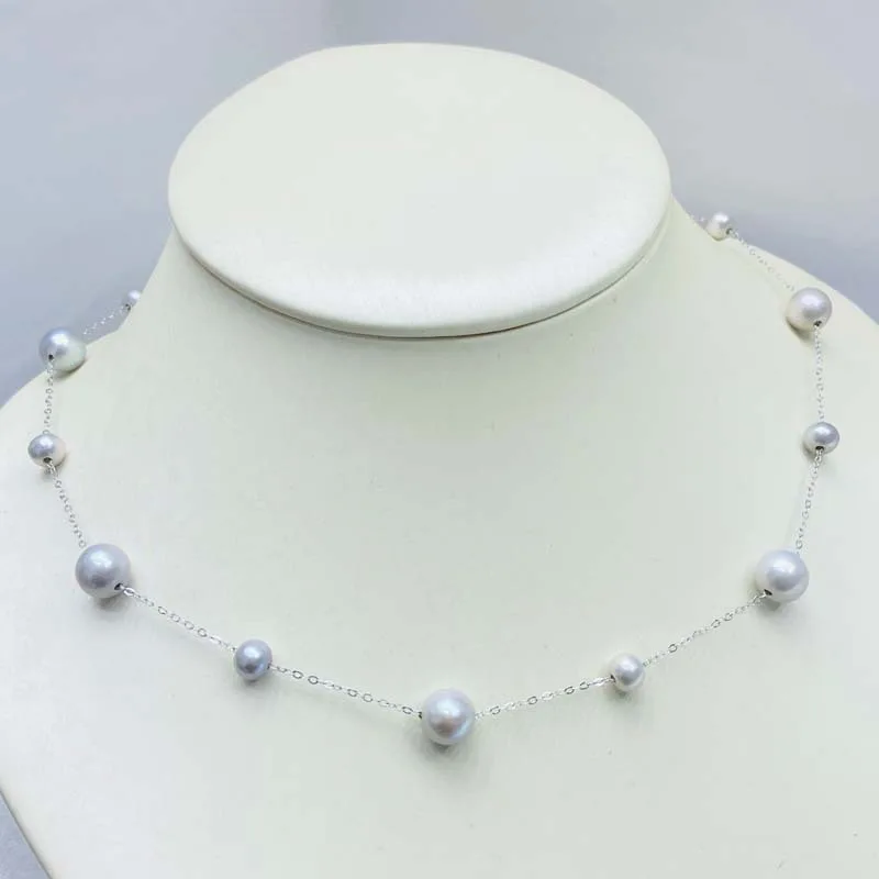 

Beautiful 5-8mm Japanese Grey Pearl Necklace 925S Chain For Women Gift A-072916