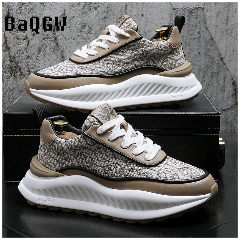 Leather Casual Increased Flat Platform Shoes Men Lace Up Sports Shoes Chunky Sneakers High Quality Fashion Male Designer Shoes