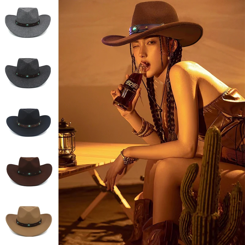 Men Women Wool Blend Western Cowboy Hats Wide Brim Sunhats Party Travel Sombrero Outdoor Caps Classical Retro Adjustable Size