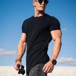 Nowy Muscle Fitness t-Shirt męski trening sportowy krótki rękaw t-Shirt z okrągłym kołnierzem męski T-shirt bawełniany koszulka sportowa na siłownię