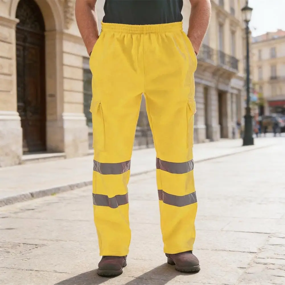 Plus Size Men Work Pants Elastic Waist High-Visibility Double-Layer Reflective Strips Safety Pants Heavy-duty Workwear