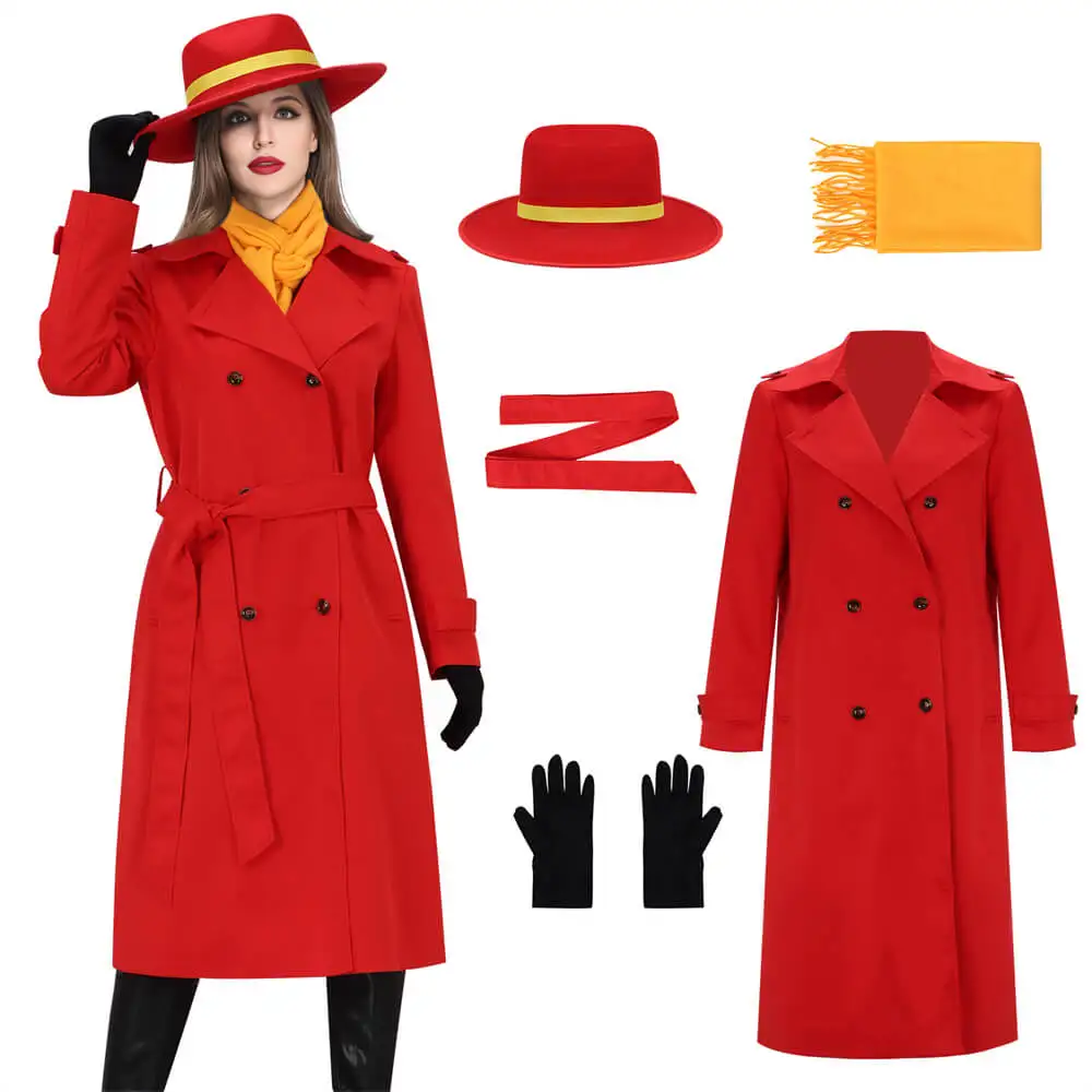 Women's Carmen Sandiego Costume Red TV Series Cosplay Halloween Christmas Party Outfit Coat Scarf Belt Hat Gloves Takerlama