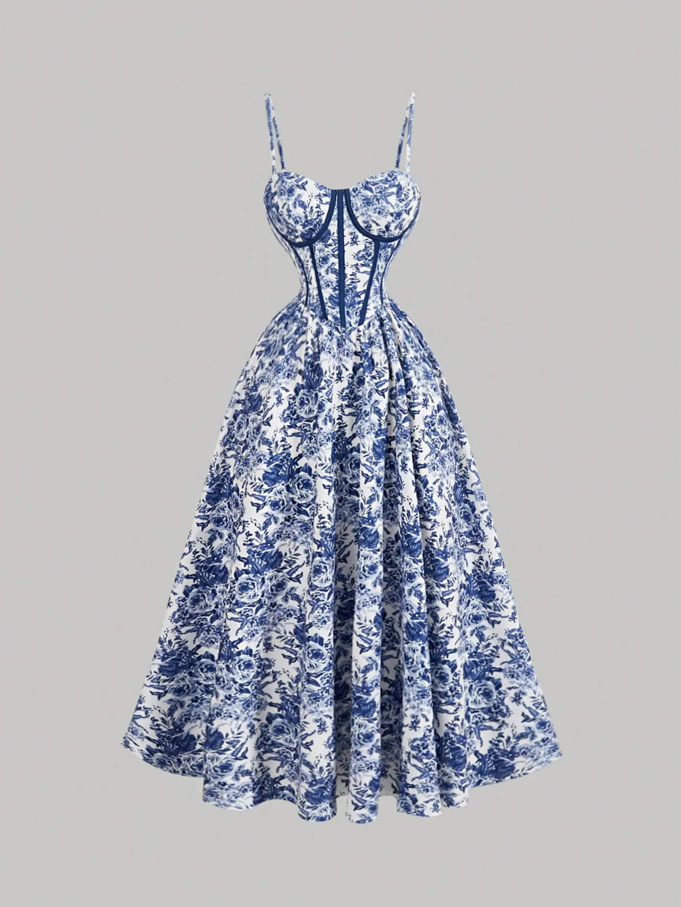 

Blue and White Floral Print Bustier Cami Dress with Corset Waist, A-Line Midi