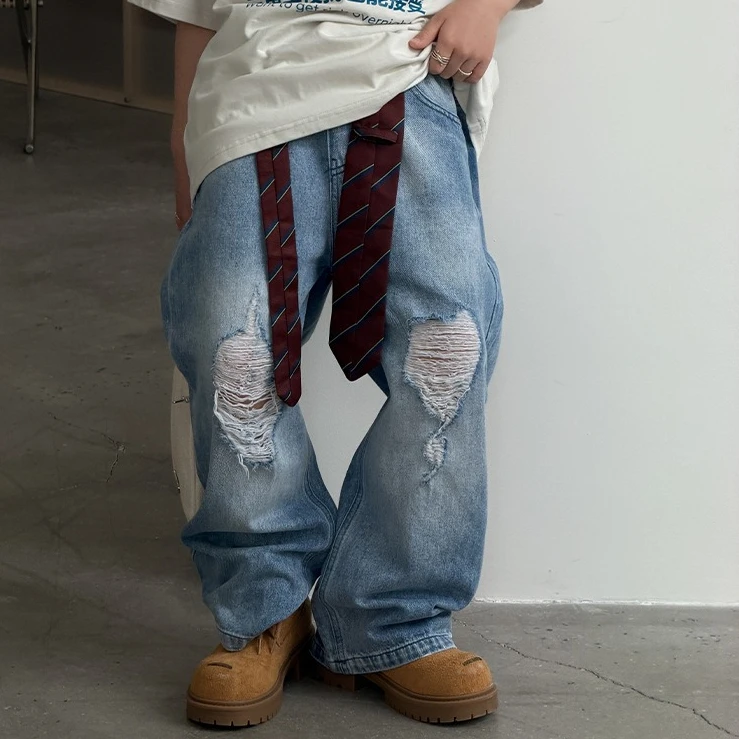 Boys Pants 2026 Spring and Summer New Childrens Clothing Korean Style Boys and Girls Fashionable Soft Ripped Jeans Pants