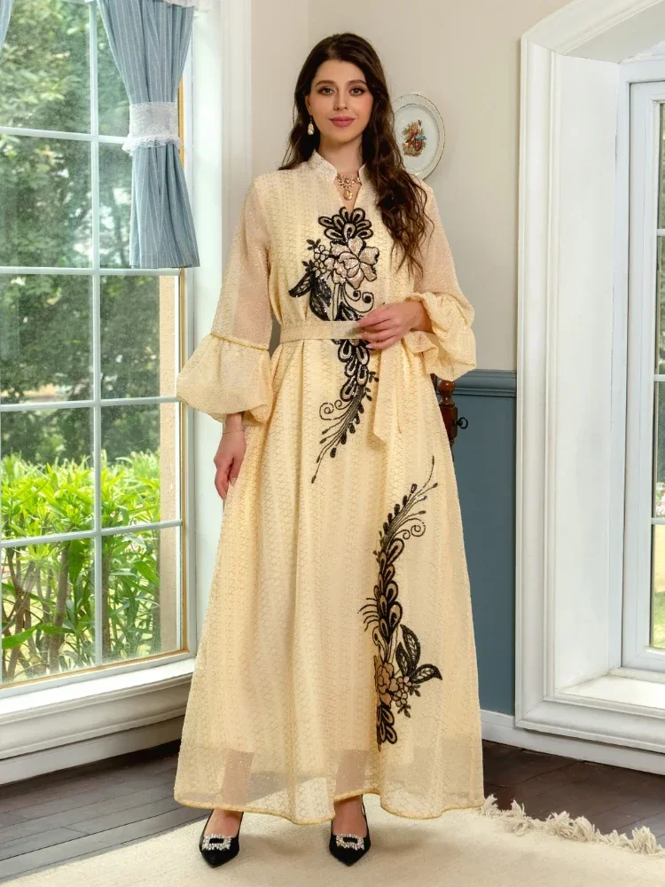 

Ramadan Muslim Party Dress Women Abaya Sequins Lantern Sleeve Dubai Islam Party Long Robe Vestidos Largos Djellaba Kaftan 2025
