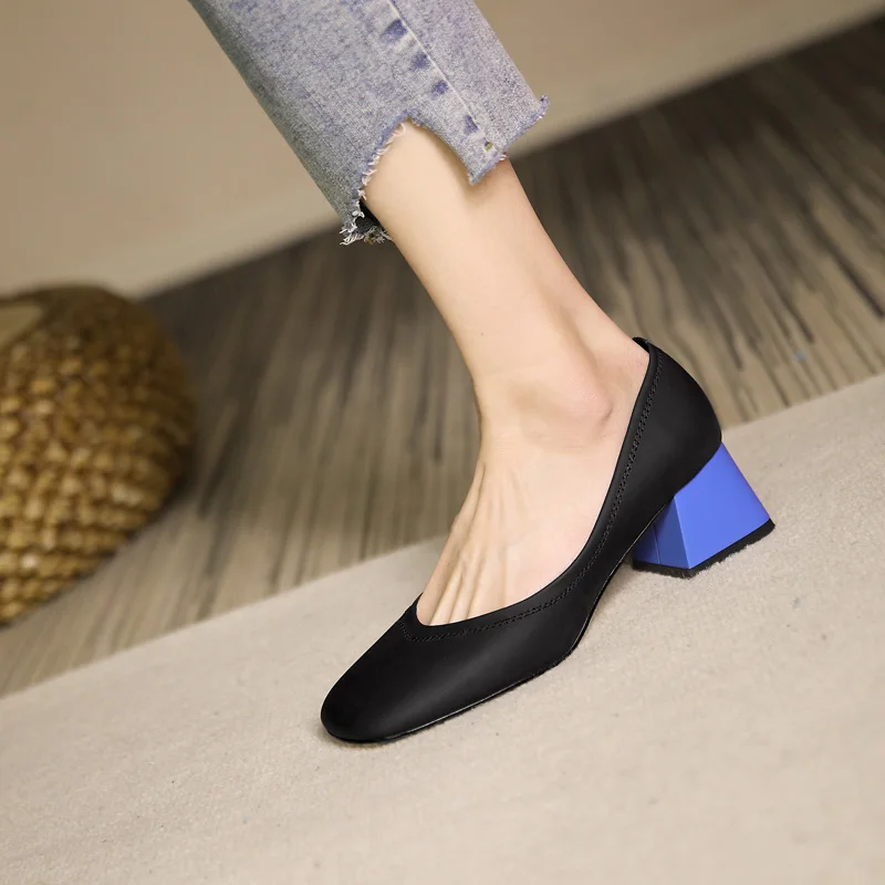 2022 New Spring Genuine Leather Women Shoes Full Contrast Color Chunky Heel Shoes Pumps Slip-On Shoes Women Zapatos De Mujer