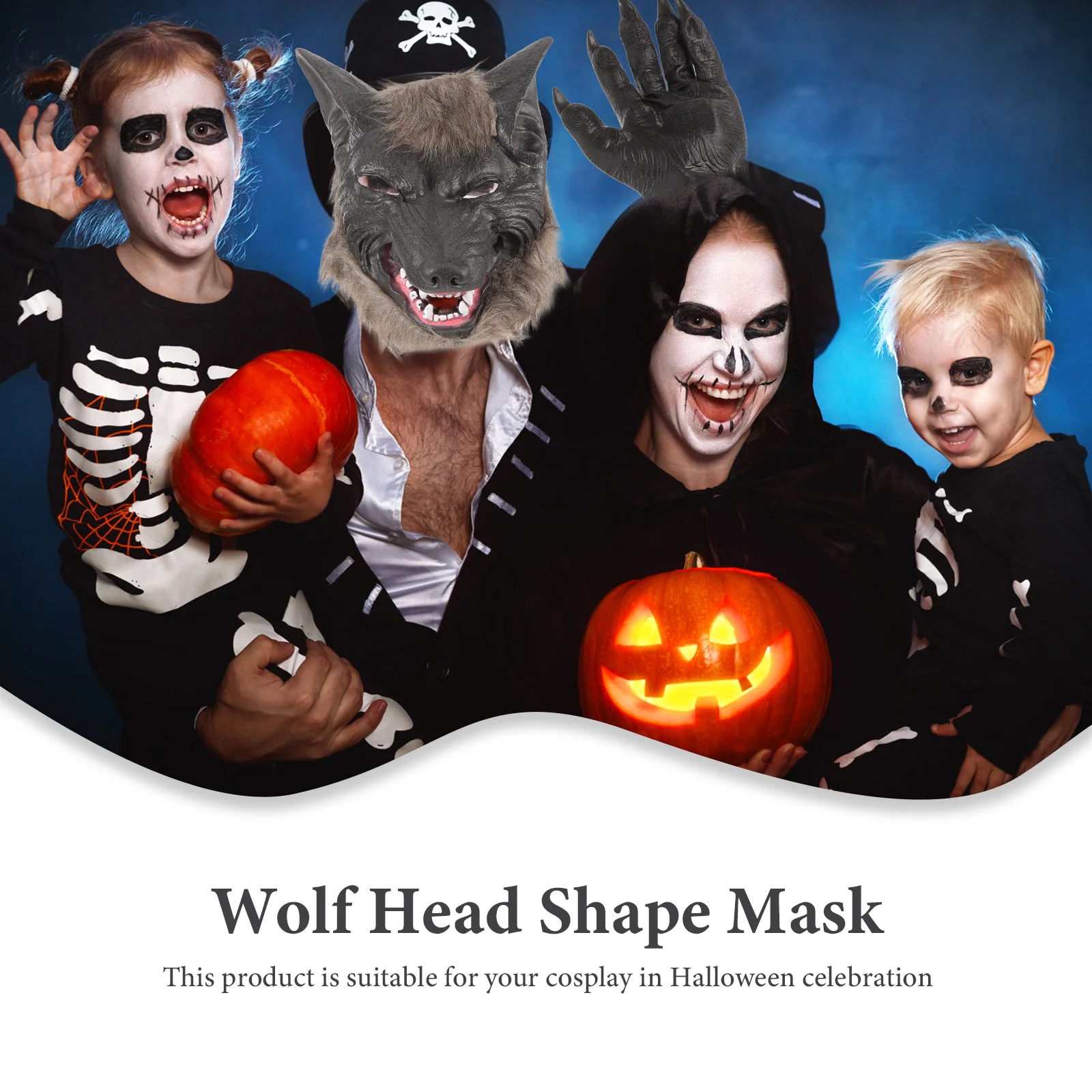 مجموعة واحدة من قناع رأس الذئب مادة اللاتكس أزياء الهالوين للحفلات بالذئب ملحقات تنكرية باللون الرمادي الداكن تتضمن قفازات باو للرجال #1