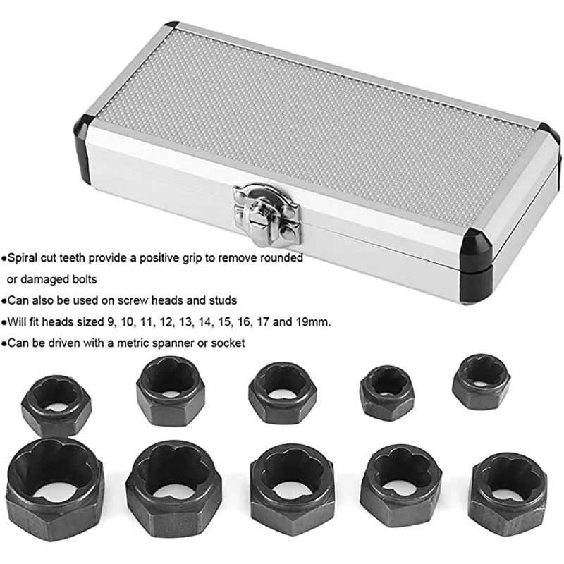 Ten-piece set of hexagonal shank nut remover 9-19mm kit extractor set locking tool kit