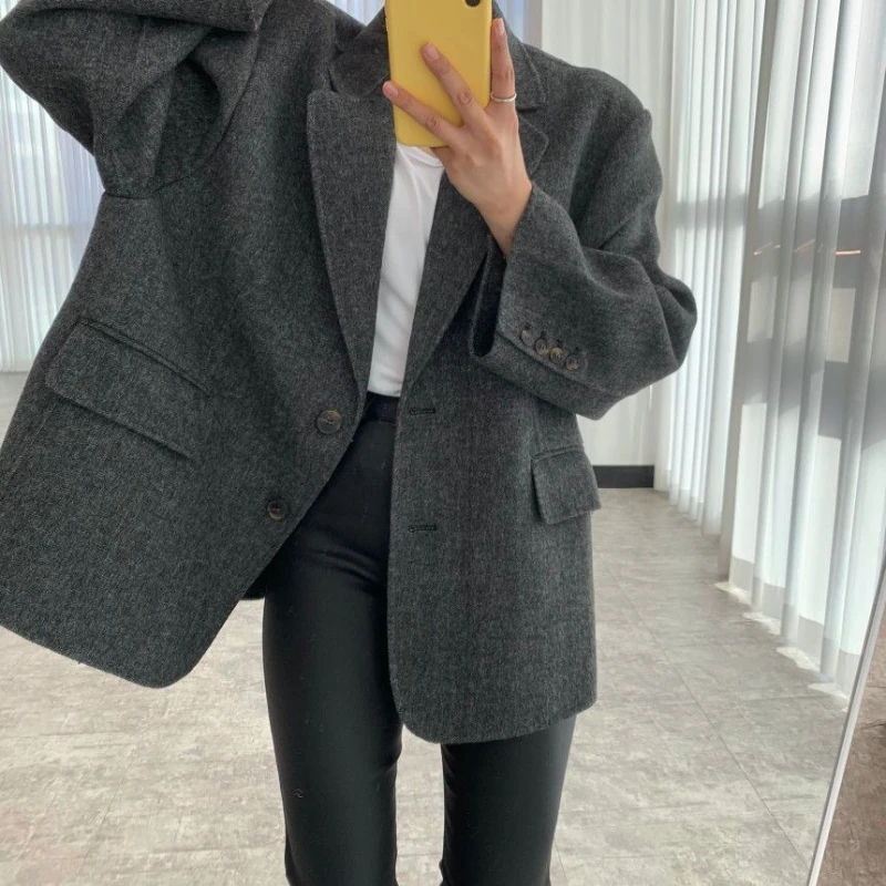 Korean Commuter Notched Collar Long Sleeve Women\'s Jacket Single Breasted All-match Coat Women Loose Sashes Pocket Veste Femme