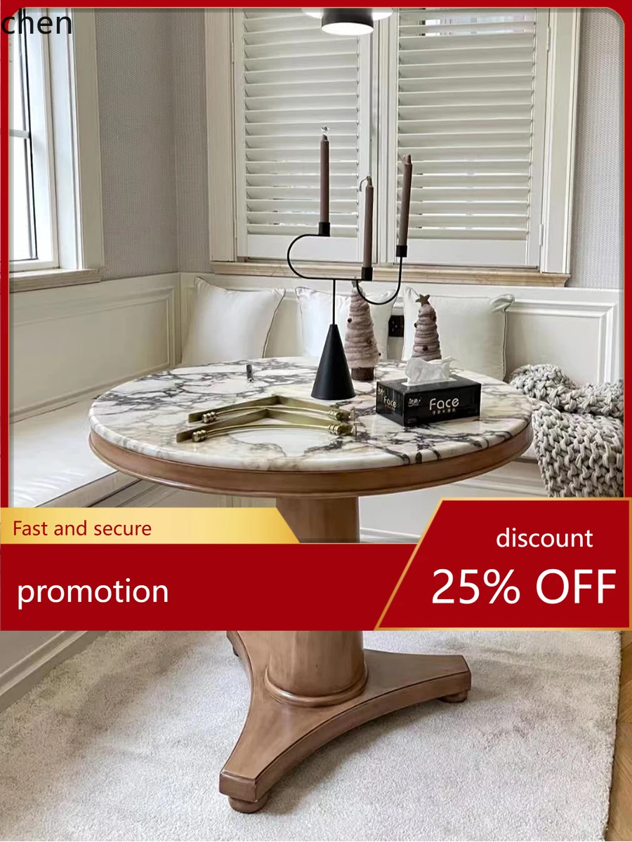 HT Xiaohongshu Retro  Dining Table and Chairs Natural Wood Style Round Balcony Leisure Dining Table Marble Coffee Table