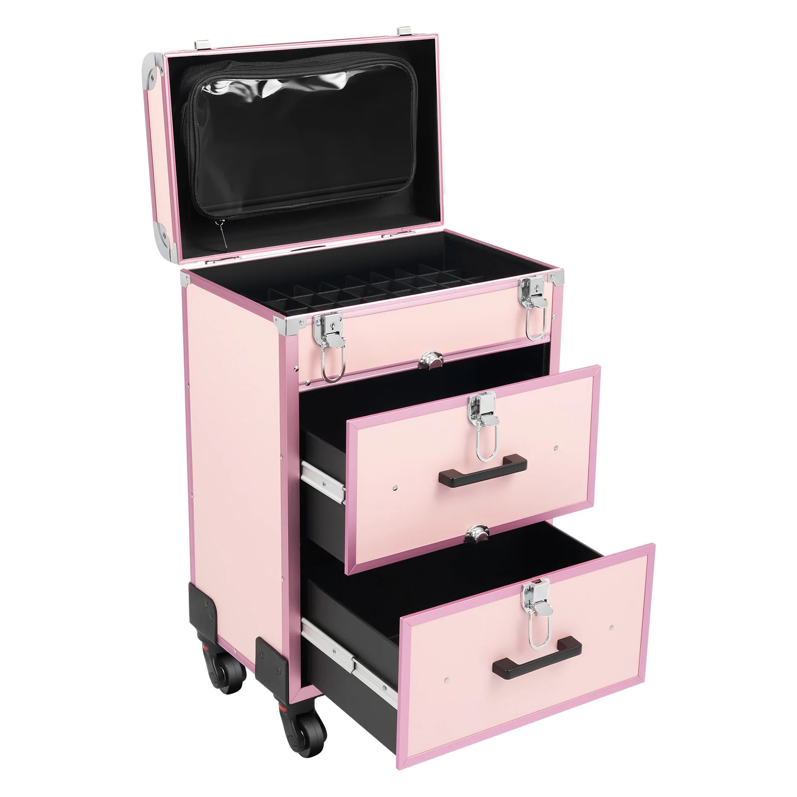 Bymaocar 40 Grids Makeup Train Case Pink Rolling Cosmetic Case 2 Large Drawers Detachable Storage Bag 3 Level Telescopic Handle Lightweight 14.8lbs Silent Universal Wheels for Nail Tattoo Beauty Salon view 5