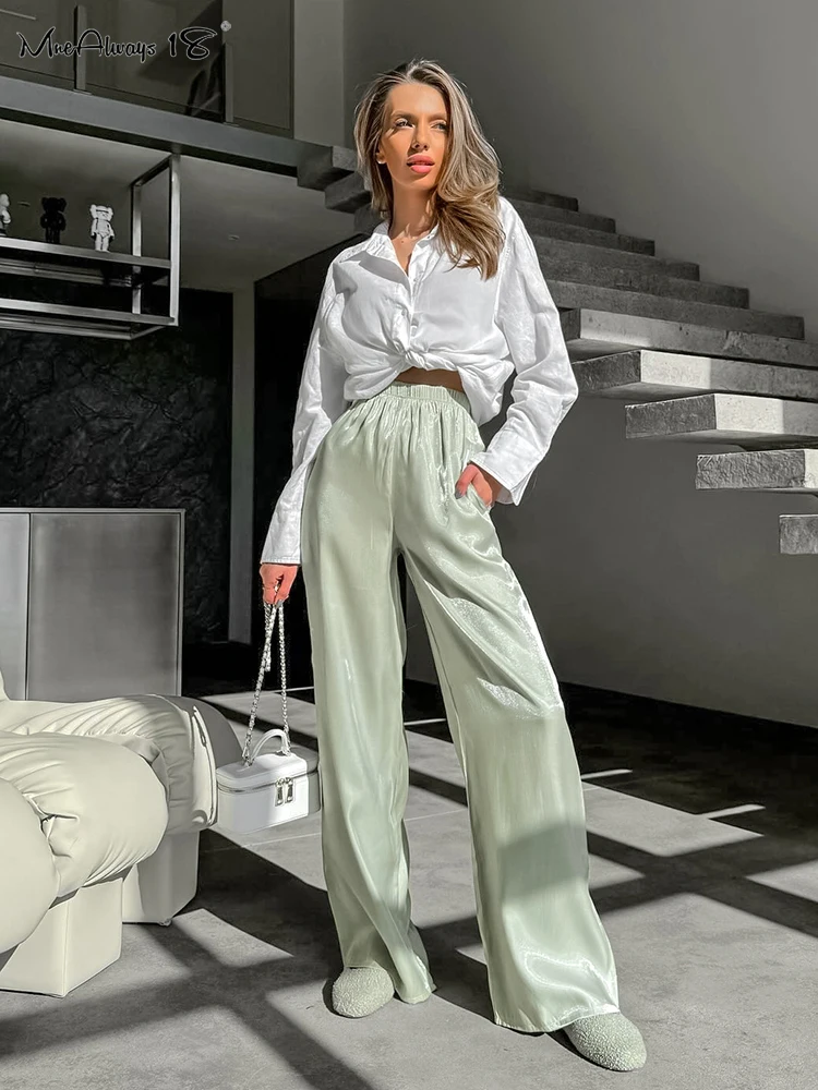 Mnealways18 Gauze Brightly Gray Wide Leg Pants Elegant High Waist Pleated Women Long Trousers Autumn Office Lady 2024 Solid Pant